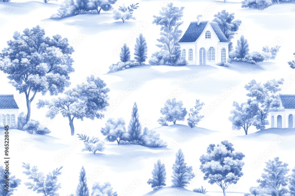 Naklejka premium A seamless Toile De Jouy pattern in classic blue hues, featuring intricate pastoral landscapes