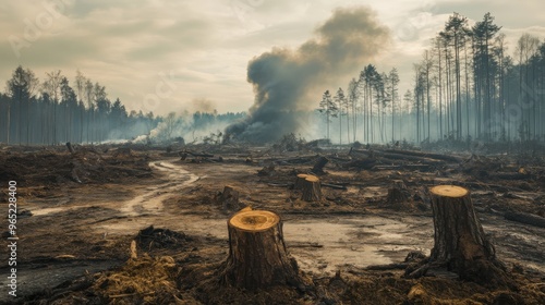 Deforestation impact showing a forest devastated by illegal logging with smoke and fire in the background photo