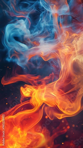 Abstract Swirling Blue and Orange Smoke Against a Dark Background