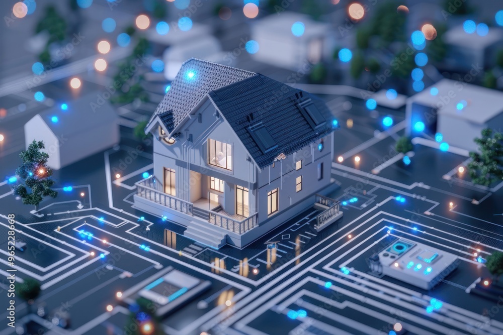 An of a smart home concept with integrated technology features on a circuit board layout An of a smart home concept with integrated technology features on a circuit board layout