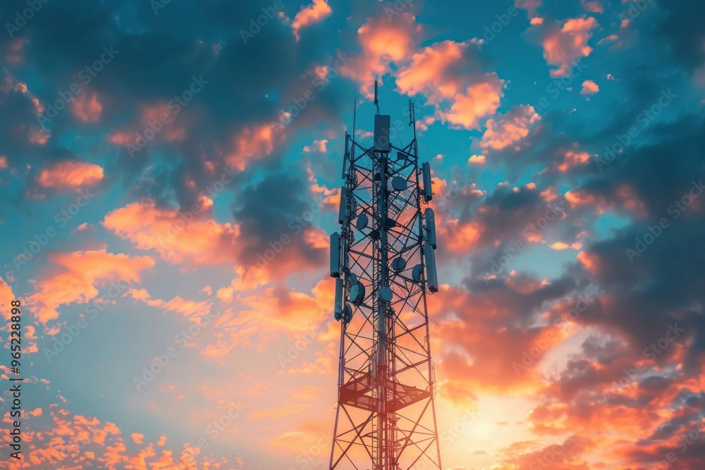 Antenna tower as phone base station with radio waves bright sky background Antenna tower as phone base station with radio waves bright sky background