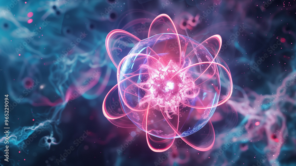 Obraz premium Atomic Structure with Glowing Energy and Particle Orbits
