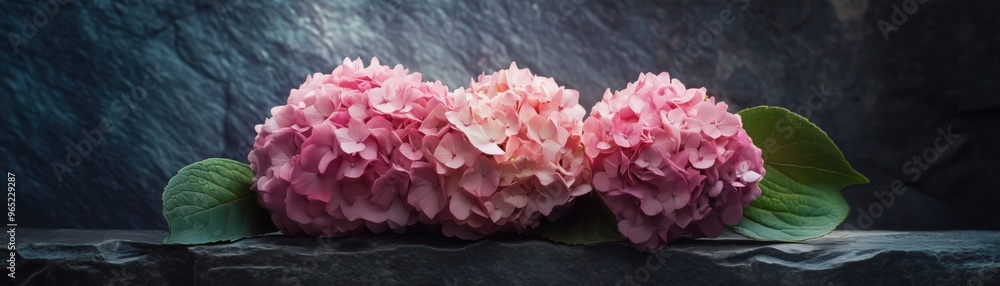 Elegant Soft Pink Hydrangeas on Dark Slate Wall in Natural Light Elegant Soft Pink Hydrangeas on Dark Slate Wall in Natural Light