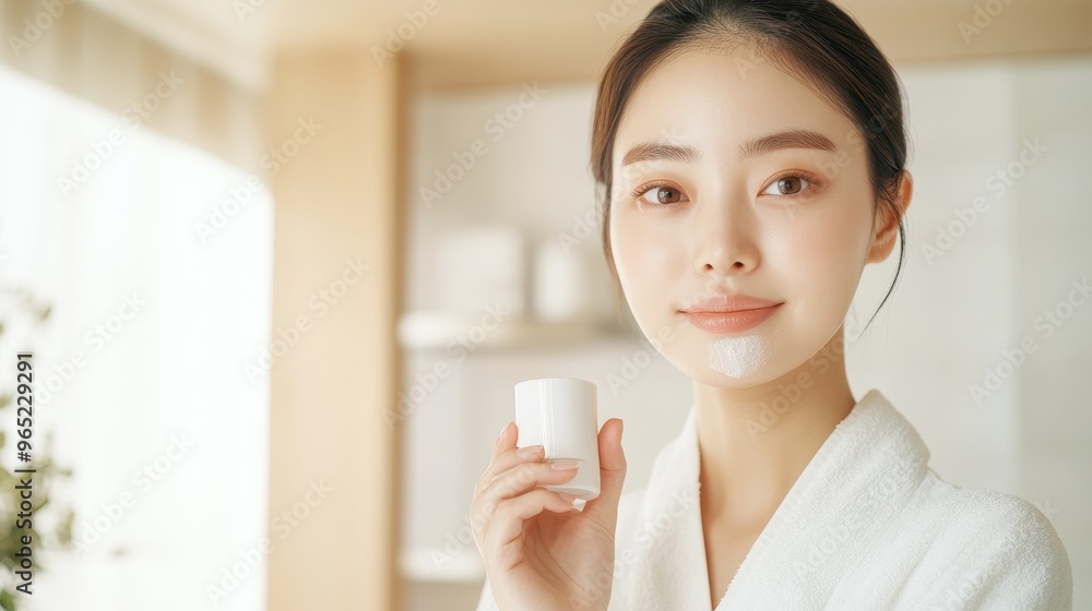 Ethereal Portrait of a Korean Model Embracing Skin Renewal with Gentle Exfoliation in Modern Bathroom Setting