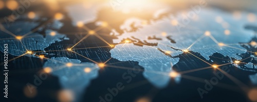 Abstract illustration of a global economic policy network, with nodes representing different countries and their policies