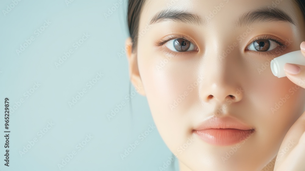 Naklejka premium Serene Korean Model Applying Soothing Eye Cream for Self-Care Ritual in Modern, Whimsical Setting