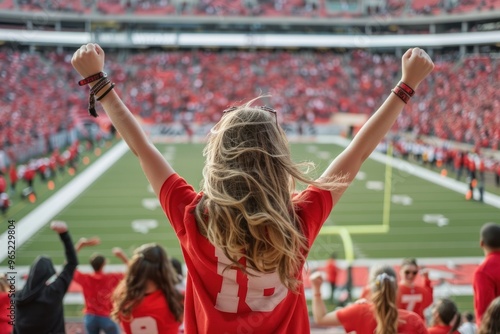 back view female fan cheering at a college football game