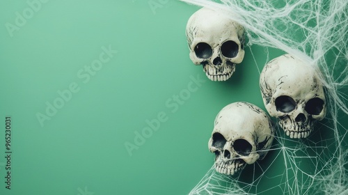 Close-up of Halloween-themed items, such as cobwebs and skulls, on a solid green backdrop.