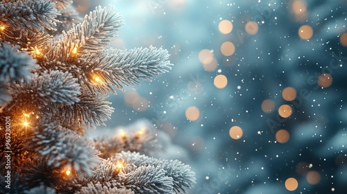 Wallpaper Mural Snowy Pine Branch with Warm Lights and Falling Snow Torontodigital.ca