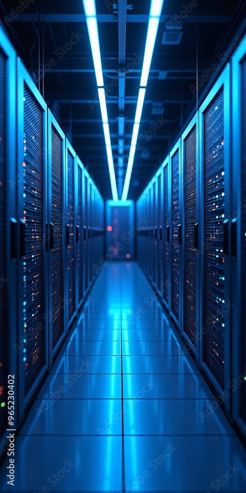 Interior of AI data center, rows of super computers to train artificial intelligence data center, vertical orientation. Interior of AI data center, rows of super computers to train artificial intelligence data center, vertical orientation.