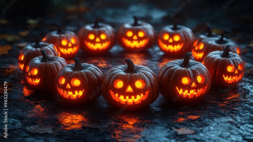 A group of jack-o'-lanterns arranged in a circle, casting eerie shadows A group of jack-o'-lanterns arranged in a circle, casting eerie shadows