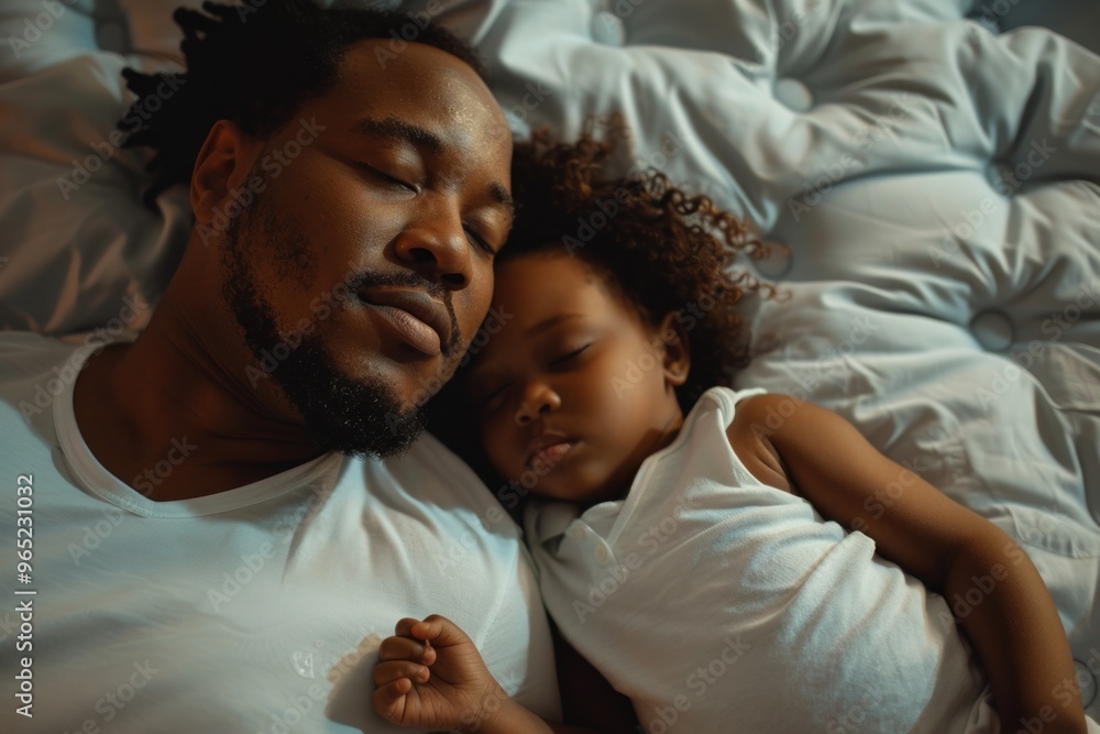 Black african american loving father or dad puts the child to bed Black african american loving father or dad puts the child to bed