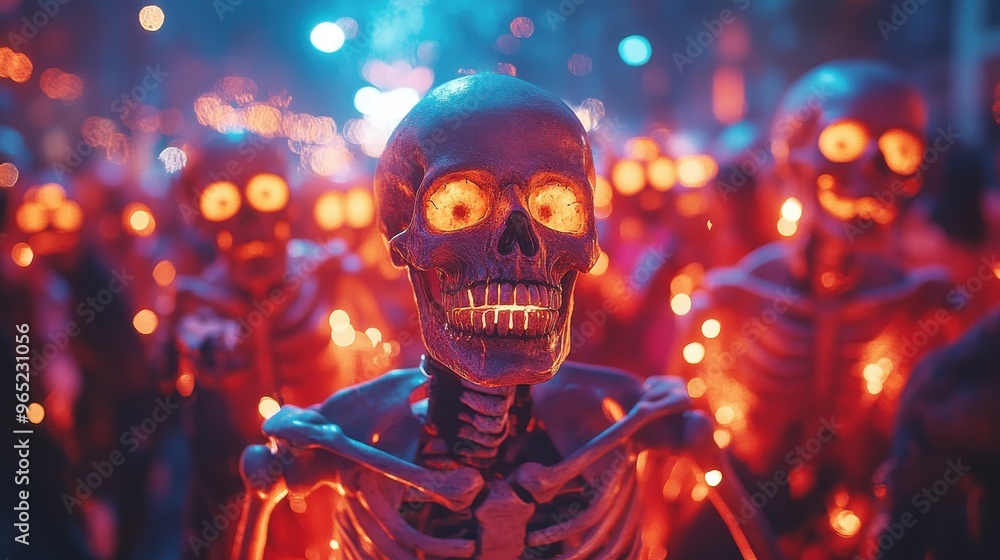 A group of skeletons having a Halloween party, with spooky lights and music A group of skeletons having a Halloween party, with spooky lights and music