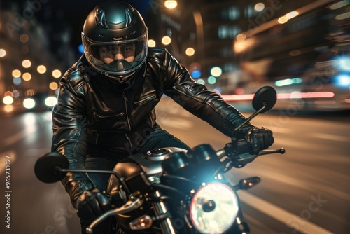 Biker in Helmet and Leather Jacket Racing Through City Streets at Night