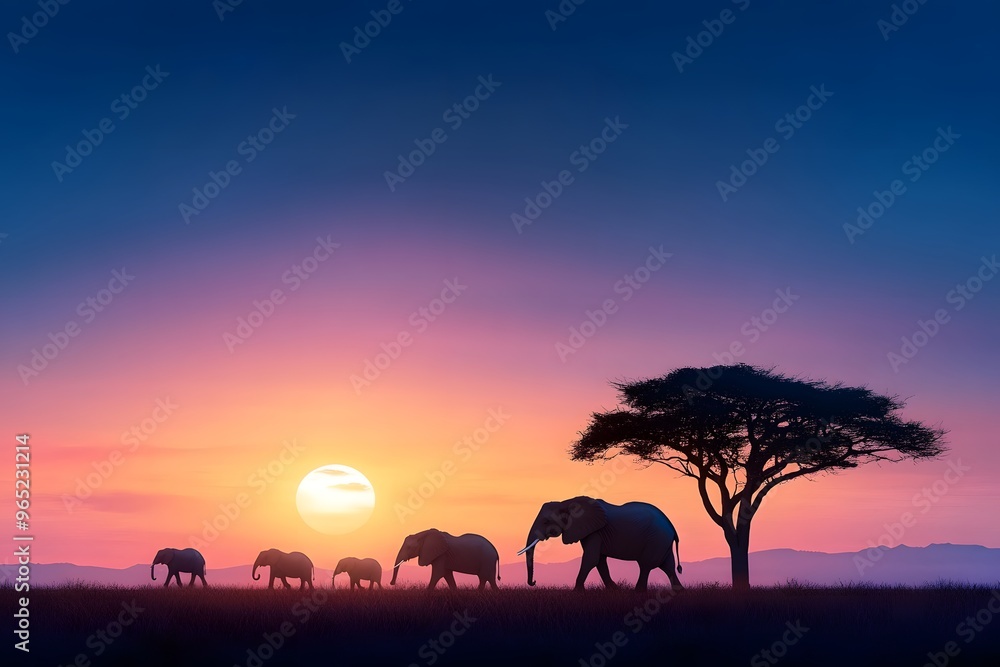 Silhouetted elephants walking at sunset, with a vibrant sky and lone tree creating a serene, picturesque landscape. Silhouetted elephants walking at sunset, with a vibrant sky and lone tree creating a serene, picturesque landscape.