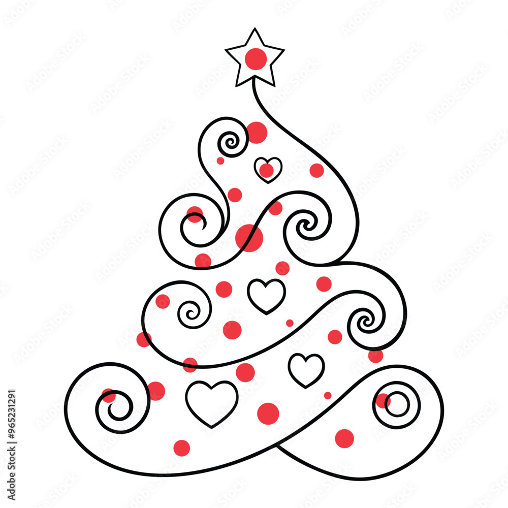 Curly Line Christmas tree with hearts Symbol vector, line art pine fir tree romantic relationship love sign, Minimalist Outline red heart valentine and holiday cards decorations Curly Line Christmas tree with hearts Symbol vector, line art pine fir tree romantic relationship love sign, Minimalist Outline red heart valentine and holiday cards decorations