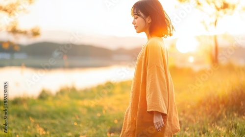 Embracing Grounded Self: Japanese Woman Walking Barefoot in Sunlit Field - Ethereal Double Exposure Portrayal of Self-Love and Nature Connection photo