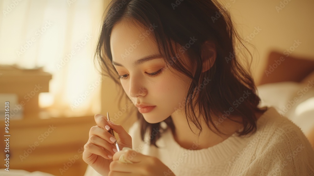 Profile view of a Japanese model woman painting her nails, symbolizing the small rituals that celebrate self-love (close up, theme: self-pampering) in a cozy bedroom (realistic, Overlay). Profile view of a Japanese model woman painting her nails, symbolizing the small rituals that celebrate self-love (close up, theme: self-pampering) in a cozy bedroom (realistic, Overlay).