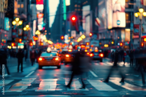 Blurry city street scene, crowd of people walking, vibrant evening lights, busy urban environment, motion blur