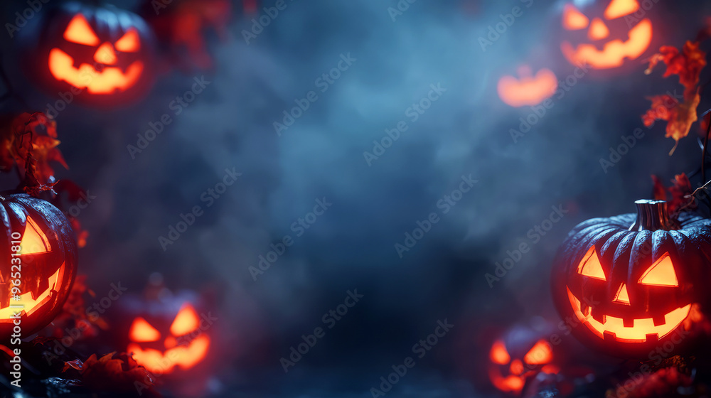 Halloween Jack-O'-Lanterns Glow In A Dark And Spooky Forest. Perfect For Halloween Backgrounds, Cards, And Decorations. Halloween Jack-O'-Lanterns Glow In A Dark And Spooky Forest. Perfect For Halloween Backgrounds, Cards, And Decorations.