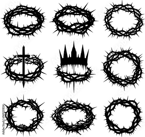 set of black crown of thorns, black crown of thorns vector