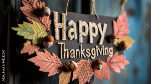 Happy Thanksgiving Sign With Fall Leaves And Acorns. photo