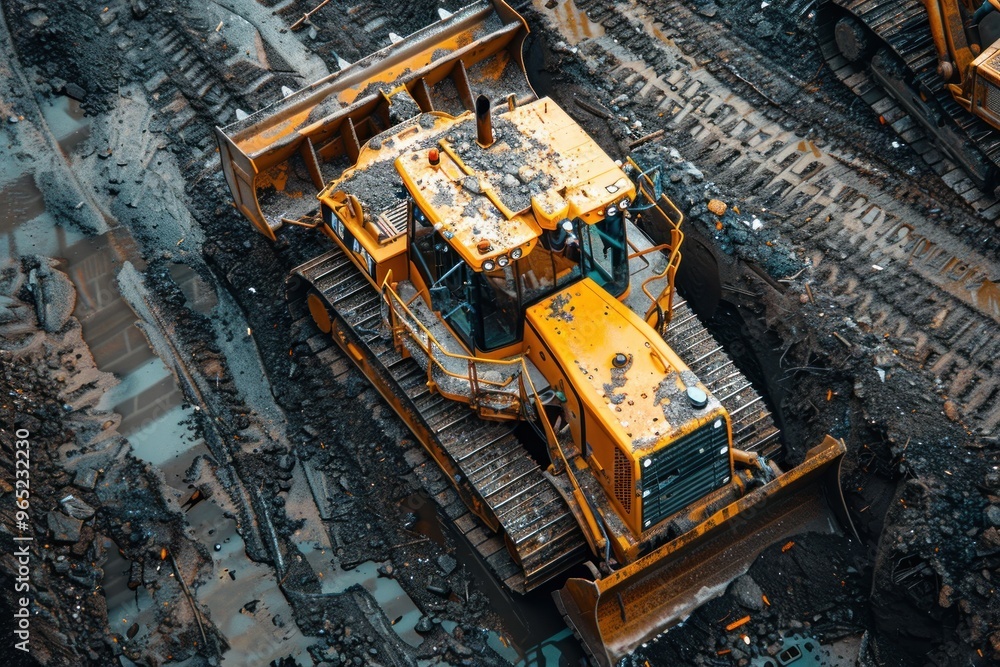 Bulldozer working at construction site with other machinery Bulldozer working at construction site with other machinery