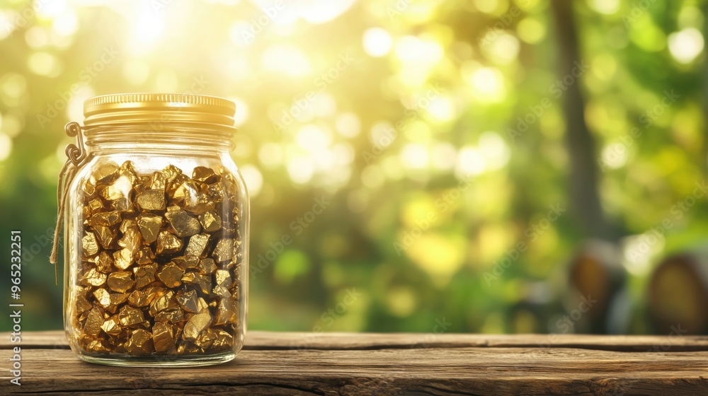 Rustic Mason Jar Filled with Golden Nuggets - Treasure Hunt Aesthetic Rustic Mason Jar Filled with Golden Nuggets - Treasure Hunt Aesthetic
