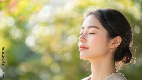 Profile view of a Japanese model woman with her eyes closed, taking in the moment of peace, symbolizing the simplicity of self-love (focus on, theme: quiet introspection) in a Zen garden (ethereal,