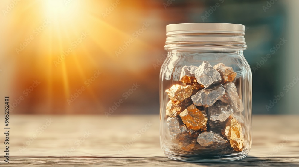 Rustic Mason Jar Filled with Gold Nuggets, Ultra-Realistic, Golden Time Rustic Mason Jar Filled with Gold Nuggets, Ultra-Realistic, Golden Time