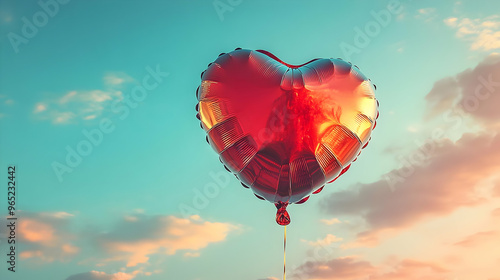 Red Heart Balloon Soaring High in the Sunset Sky