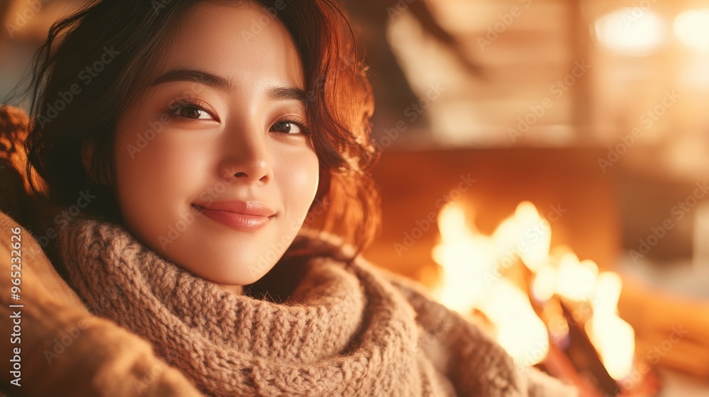 Embracing Self-Care: Korean Model Woman Basking in Firelight by a Cozy Fireplace Silhouette Embracing Self-Care: Korean Model Woman Basking in Firelight by a Cozy Fireplace Silhouette