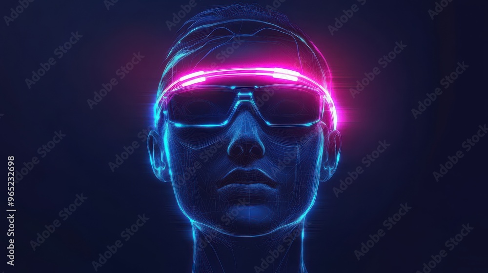 Futuristic illustration of an AI humanoid with neon visor displaying vibrant digital visuals and sci-fi essence Futuristic illustration of an AI humanoid with neon visor displaying vibrant digital visuals and sci-fi essence
