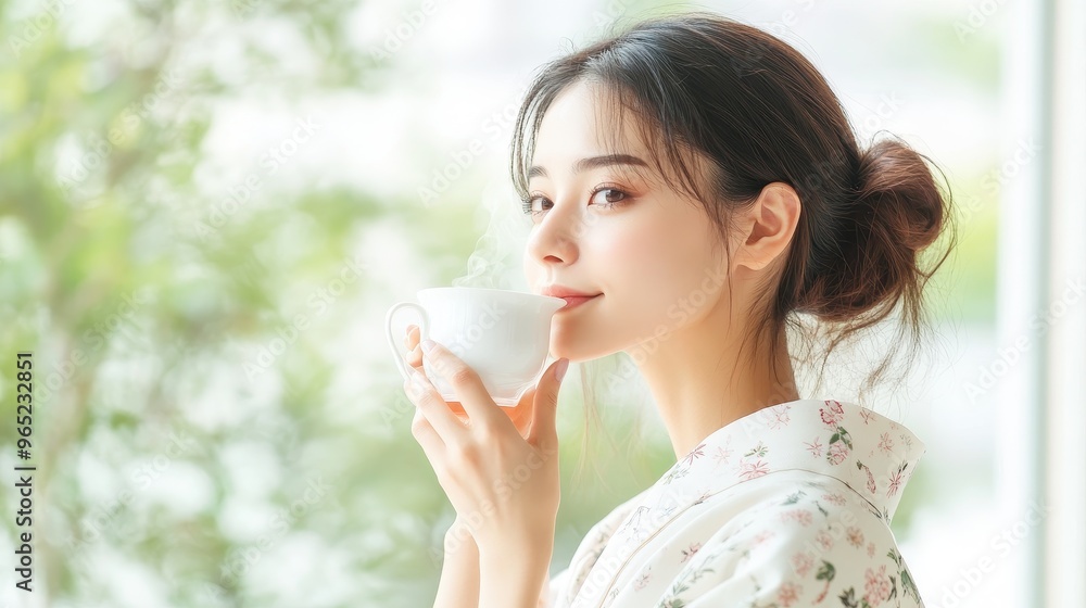 Tranquil Japanese Model Woman Sipping Tea in Zen Garden Embodying Elegance of Tea Ceremony | Ethereal Overlay of Traditional Beauty Tranquil Japanese Model Woman Sipping Tea in Zen Garden Embodying Elegance of Tea Ceremony | Ethereal Overlay of Traditional Beauty