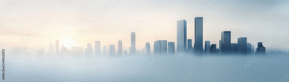 Fototapeta premium A serene city skyline emerges from soft fog, creating a tranquil and mysterious atmosphere at dawn.