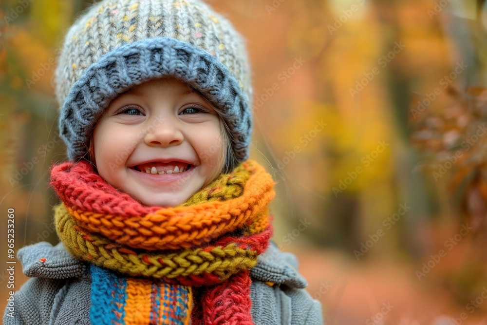 cheerful child with scarf and hat smiling in autumn forest cheerful child with scarf and hat smiling in autumn forest