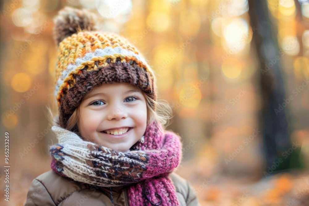 cheerful child with scarf and hat smiling in autumn forest cheerful child with scarf and hat smiling in autumn forest