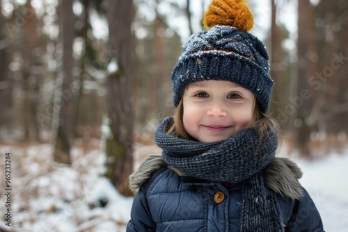 cheerful child with scarf and hat smiling in winter forest