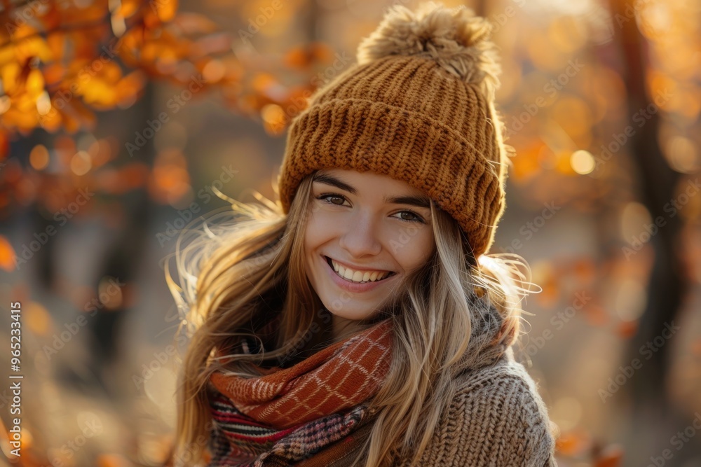 cheerful woman with scarf and hat smiling in autumn forest cheerful woman with scarf and hat smiling in autumn forest