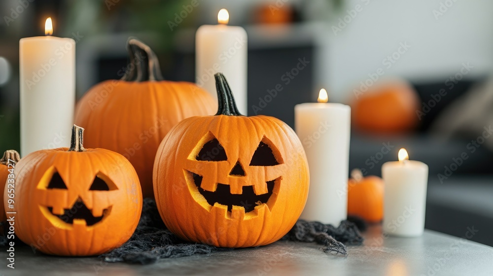 Halloween Pumpkins And Candles On Wooden. Halloween Pumpkins And Candles On Wooden.