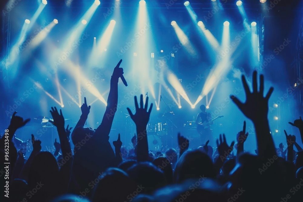 cheering crowd at rock concert in front of bright lights cheering crowd at rock concert in front of bright lights