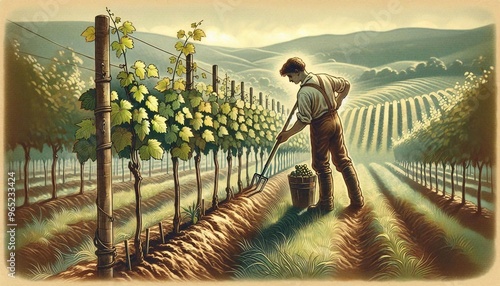 man  tending to a vineyard, harvesting grapes with a backdrop of rolling hills. photo