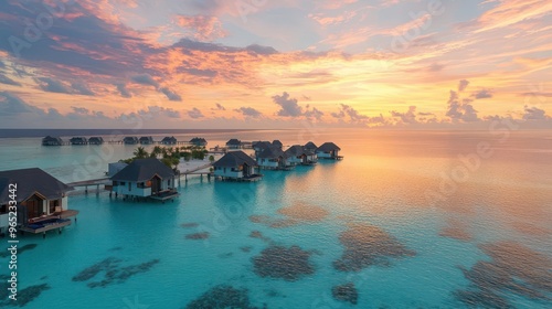 luxurious overwater villas in crystalclear maldivian lagoon paradise sunset photo