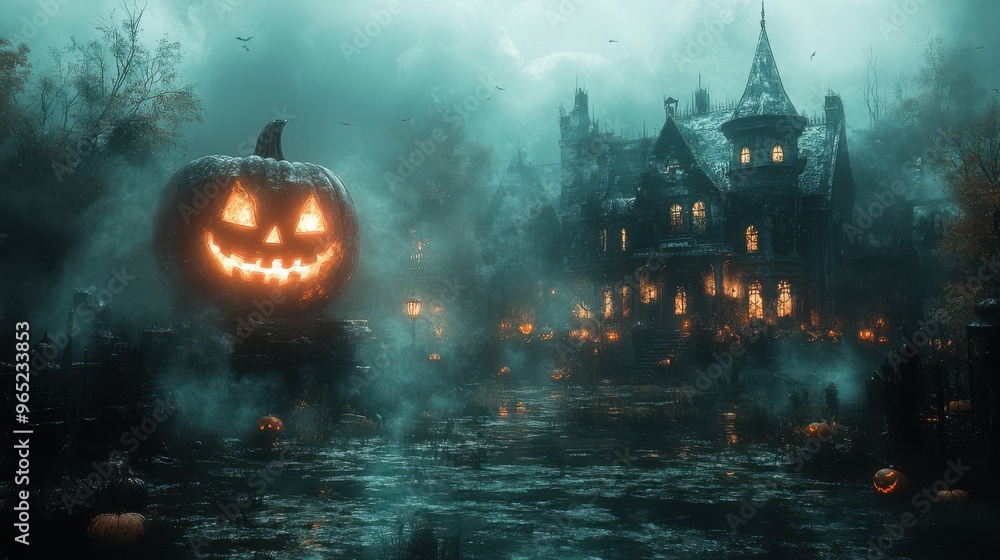 A Halloween party invitation scene with a dark, mysterious vibe A Halloween party invitation scene with a dark, mysterious vibe