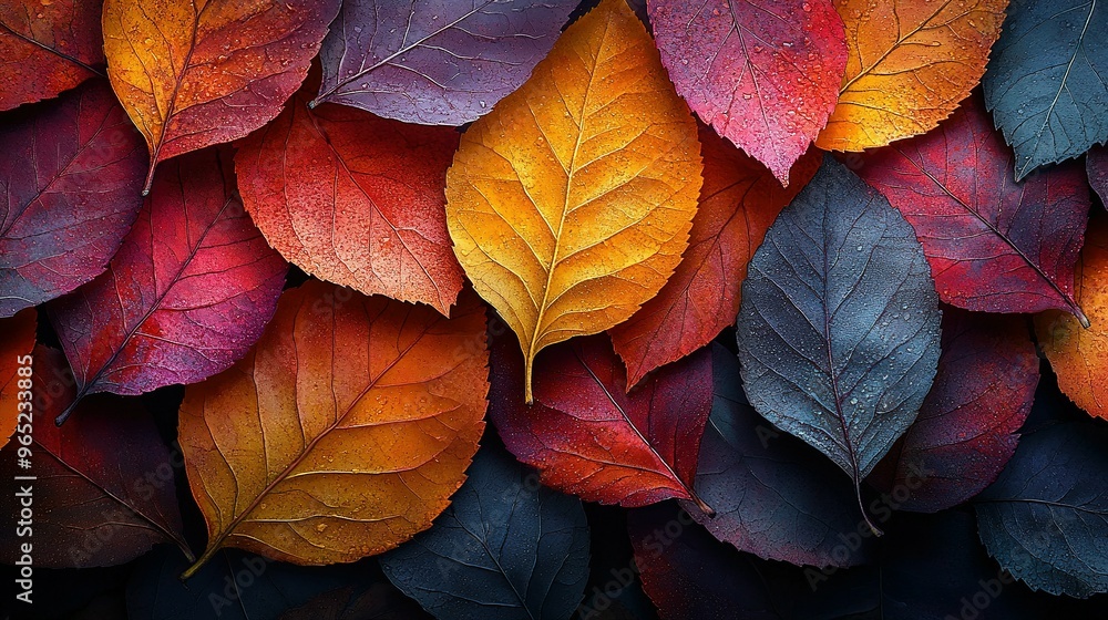 Close-up of Vibrant Autumn Leaves with Dew Drops Close-up of Vibrant Autumn Leaves with Dew Drops
