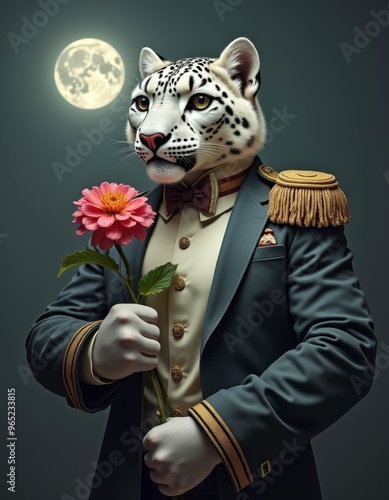 Portrait of a Anthropomorphic snow leopard holds a geranium flower, dressed like a Officer. photo