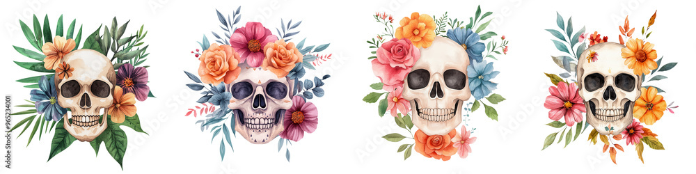 Colorful skull illustrations surrounded by vibrant flowers, perfect for artistic, festive, or decorative uses. Colorful skull illustrations surrounded by vibrant flowers, perfect for artistic, festive, or decorative uses.