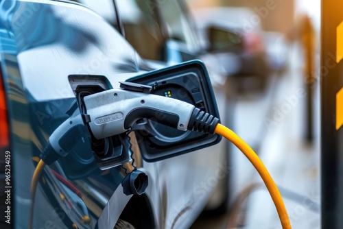 Close up Electric car charging on the charge station. Zero emission car, eco friendly photo