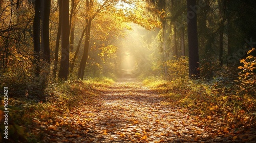 A peaceful forest path in autumn, with fallen leaves blanketing the ground and golden light streaming through trees