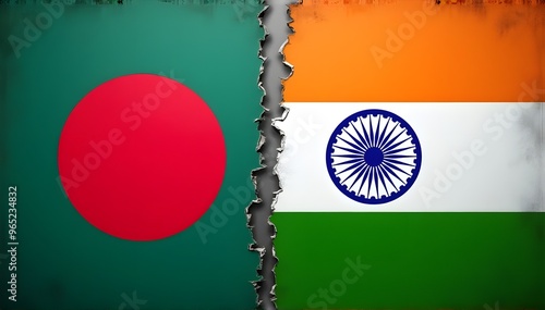 flags of half india with half bangladesh, Relations between India and Bangladesh. India vs Bangladesh, Flags torn asunder, symbolizing the strained relations and historical conflict. photo